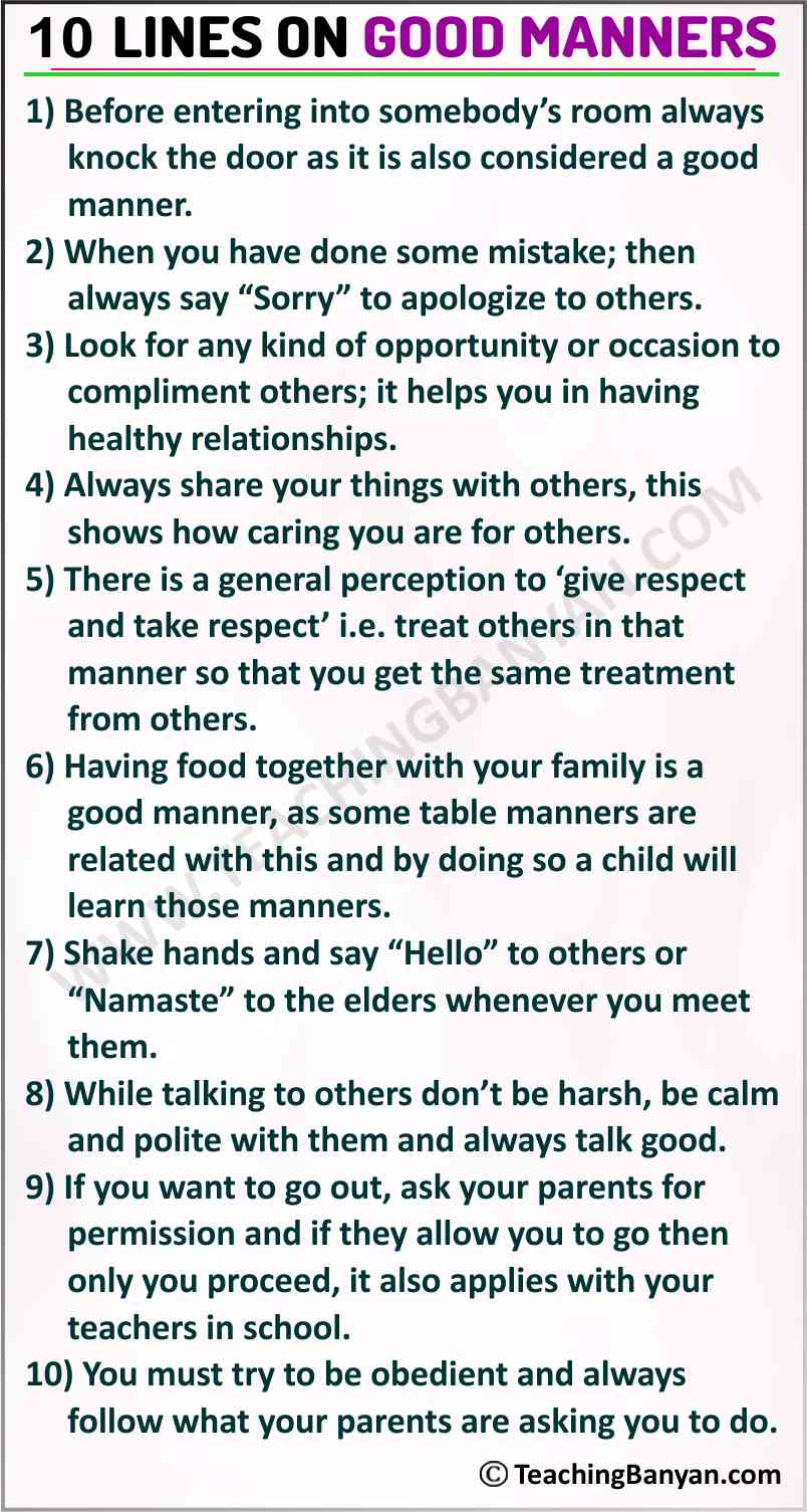 10 Lines On Good Manners In English For Children And Students Of Class 