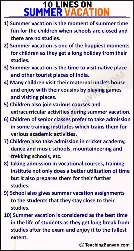 10 Lines on Summer Vacation for Children and Students of Class 1, 2, 3 ...